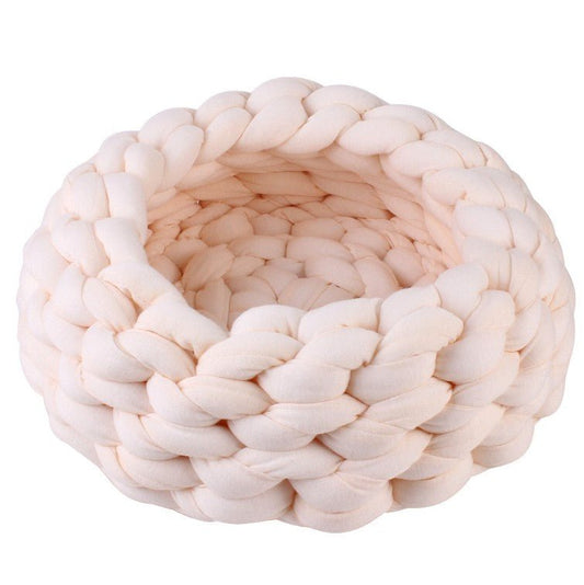 Chunky Cotton Braided Knit Pet Bed in Ivory-0